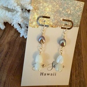 Elegant Purple Iridescent Keshi Pearl and Pikake Drop Earrings